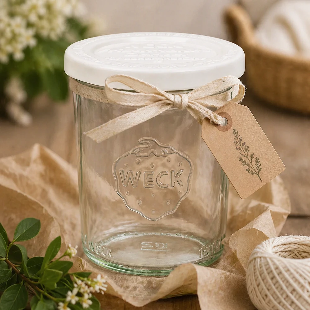 Zavařovací sklenice o objemu 160 ml s víčkem pro zachování čerstvosti WECK RR60. WECK Sturzglas 160ml mit Dekobändchen und Anhänger - rustikale Geschenkverpackung für selbstgemachte Marmelade