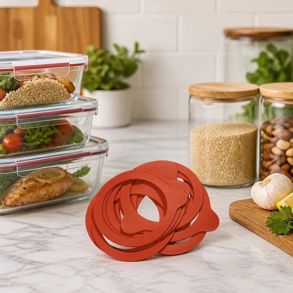 Konzervační kroužek z přírodního kaučuku RR100 Einkochringe RR100 Naturgummi rot auf Marmor-Arbeitsplatte neben Meal-Prep-Boxen und Vorratsgläsern in moderner Küche