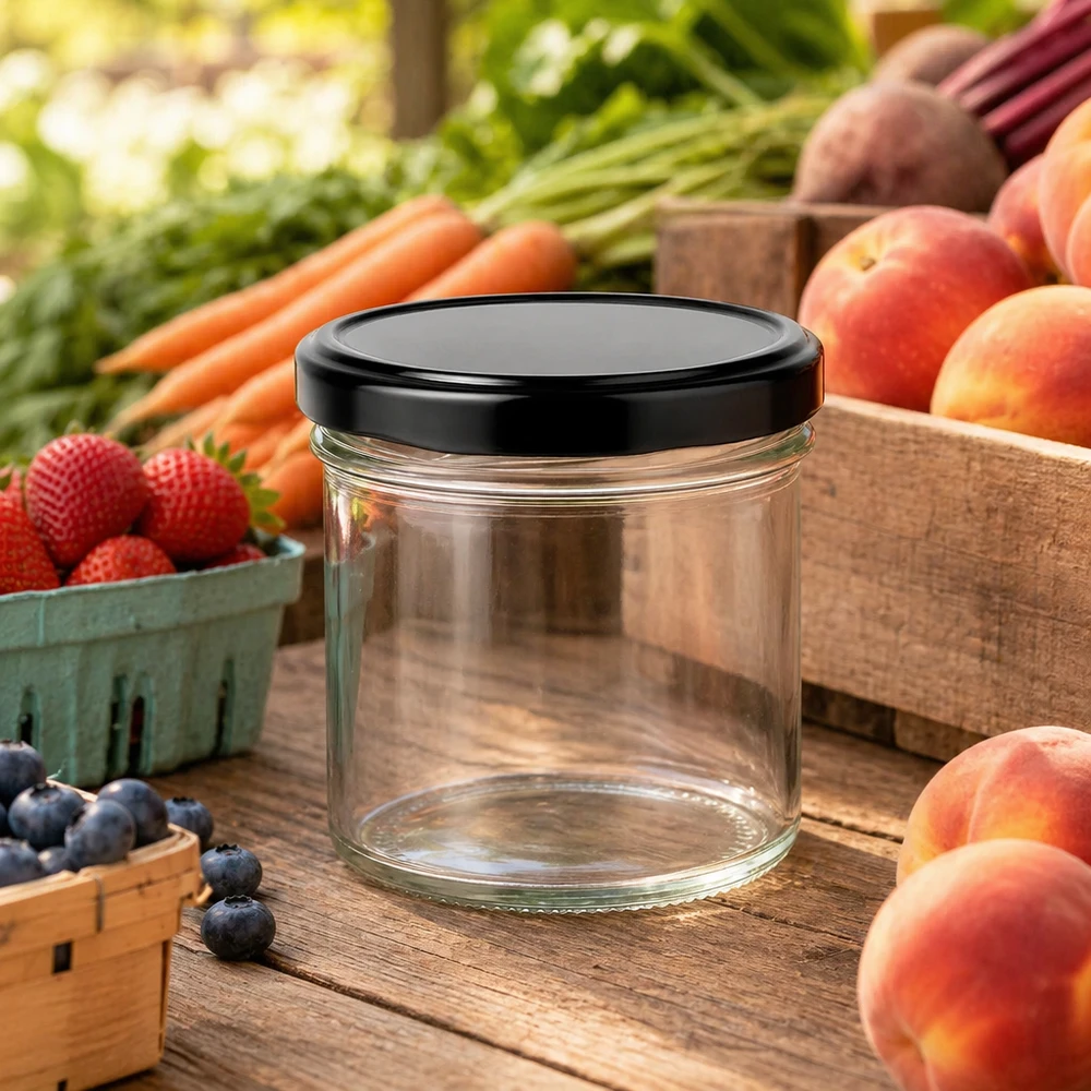 125ml kelímky s víčkem BasicSeal černé UNiTWIST 125ml Sturzglas mit schwarzem Deckel zwischen frischem Obst und Gemüse auf Holztisch Marktstand-Atmosphäre