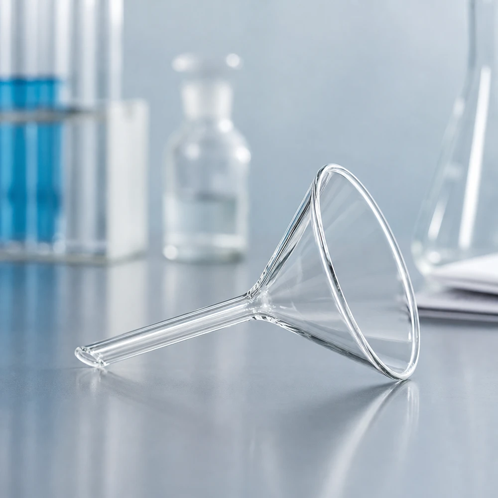 Trychtýř ø60mm sodnovápenatý, úhel 60°, krátký styl Ergonomischer Kurzstiel-Trichter aus Kalk-Soda-Glas für präzise Dosierung kleiner Flüssigkeitsmengen