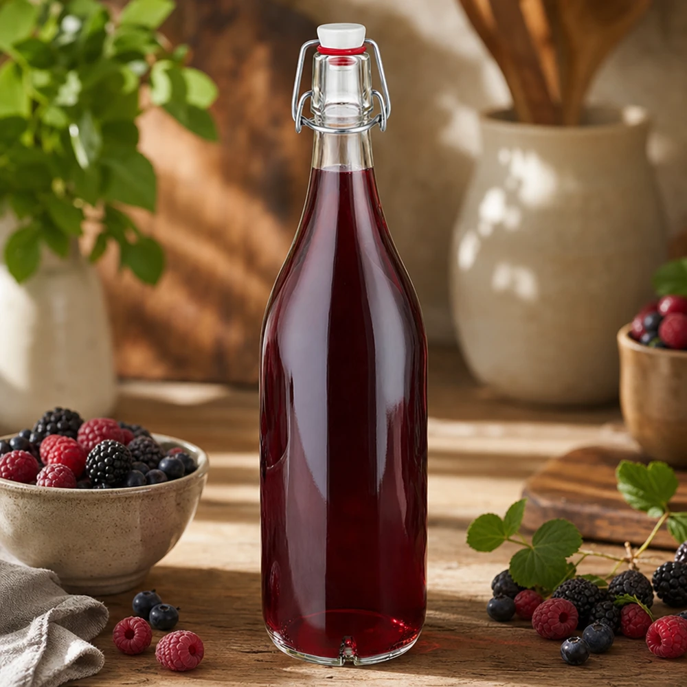 Skleněná láhev o objemu 1000 ml + otočný porcelánový vršek UNiTWIST 1000ml Glasflasche mit Bügelverschluss gefüllt mit Beerensaft neben frischen Himbeeren und Blaubeeren auf Holz