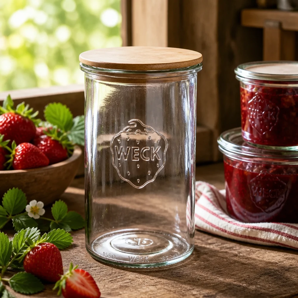 1000ml tumblery WECK RR100 s dřevěným víčkem WECK Vorratsglas 1000ml mit Holzdeckel in rustikaler Küche neben selbstgemachter Erdbeermarmelade und frischen Erdbeeren