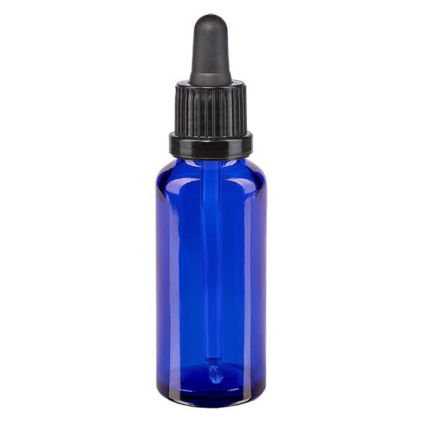 Lékárenská láhev modrá 30ml pipeta černá s uzávěrem proti manipulaci. Lékárenská láhev modrá 30ml pipeta černá s uzávěrem proti manipulaci.