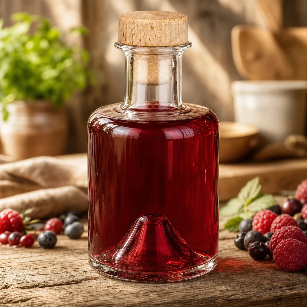 200ml Glasflasche Sofia mit Holzkorken gefüllt mit Beerenlikör neben Himbeeren und Heidelbeeren in rustikaler Küchenszen
