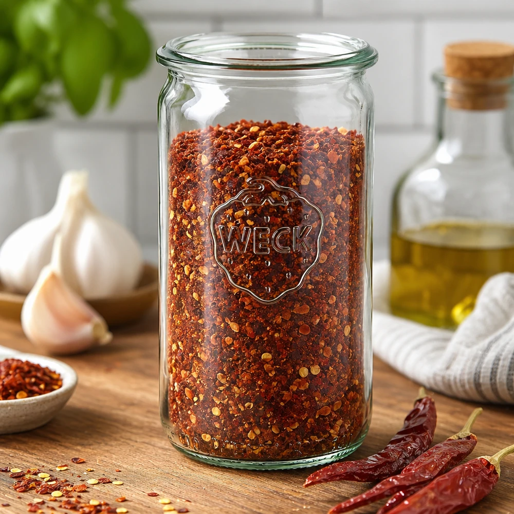 340ml válcová sklenice WECK RR60 s dřevěným dřevem - 340ml válcová sklenice s dřevěným dřevem WECK Zylinderglas 340ml RR60 mit Chilliflocken befüllt auf Holztisch mit Knoblauch und getrockneten Chilis