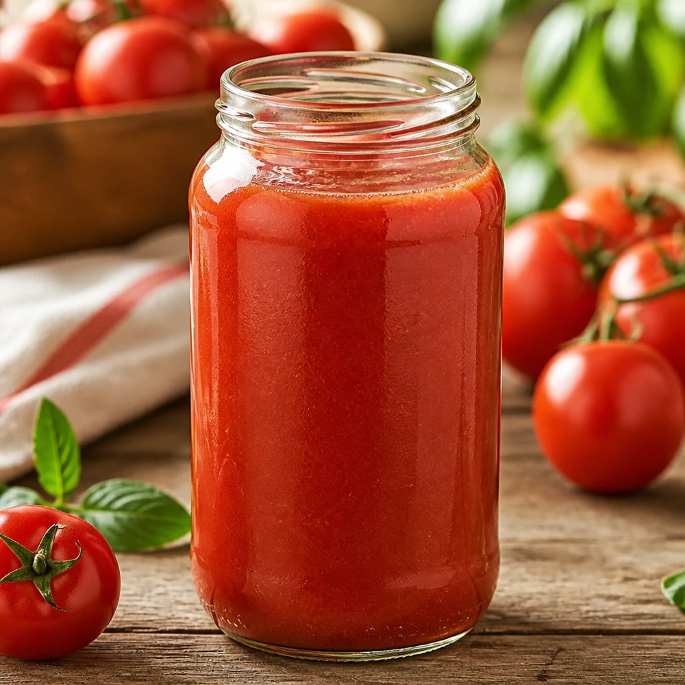 Kulatá dóza o objemu 1062 ml bez víčka (TO82) UNiTWIST UNiTWIST Runda1062 – kulatá skleněná nádoba o objemu 1062 ml naplněná čerstvou rajčatovou omáčkou na dřevěném stole