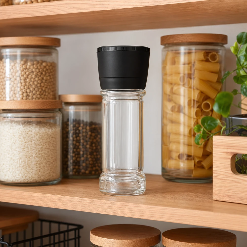 Dóza na sůl/koření 100ml s mlýnkem Vario černá Nachfüllbares Gewürzglas 100ml mit Mühle Vario schwarz neben Pasta und Pfefferkörnern
