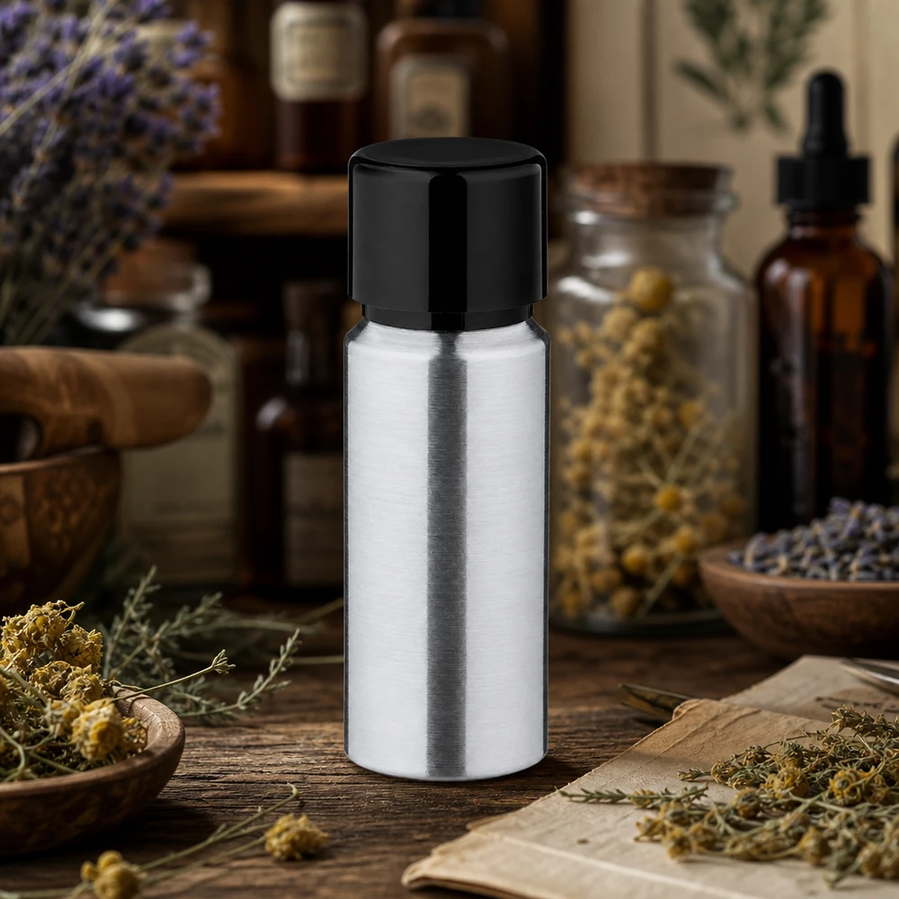 20ml Aluflasche mit satinierter Oberfläche und schwarzer Kappe für professionelle Anwendungen