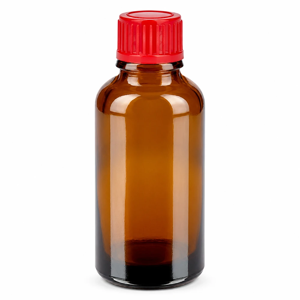 30ml láhev 11mm šroubovací uzávěr červená Standard BrownLine UT18/30 Hochwertige 30ml Glasflasche in Braun mit rotem Verschluss für sichere Aufbewahrung