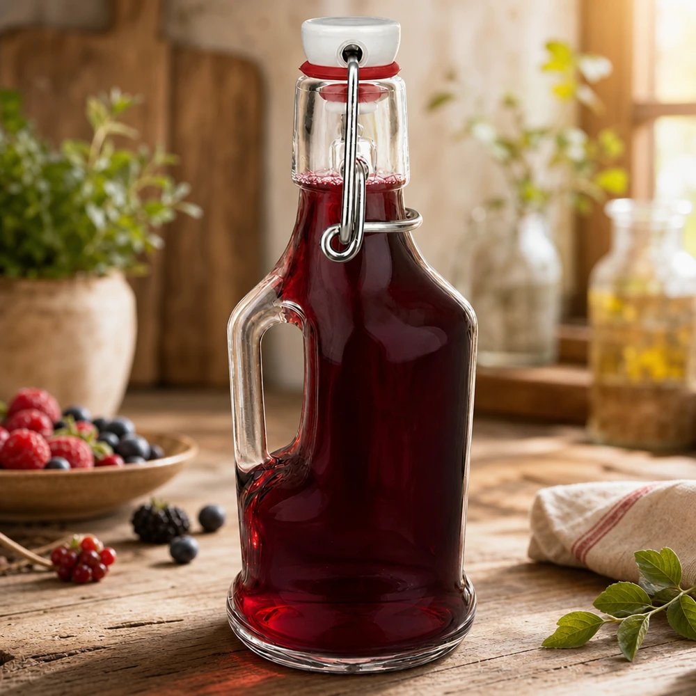 Glasflasche Bertha 200ml gefüllt mit rotem Beerensaft, Bügelverschluss geschlossen, rustikale Küche mit Beeren
