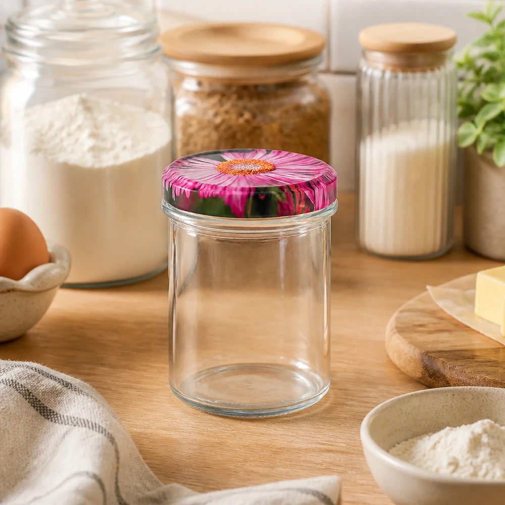 Leeres 350ml Sturzglas mit BasicSeal Gerbera-Deckel in natürlichem Küchenambiente zwischen Vorratscontainern