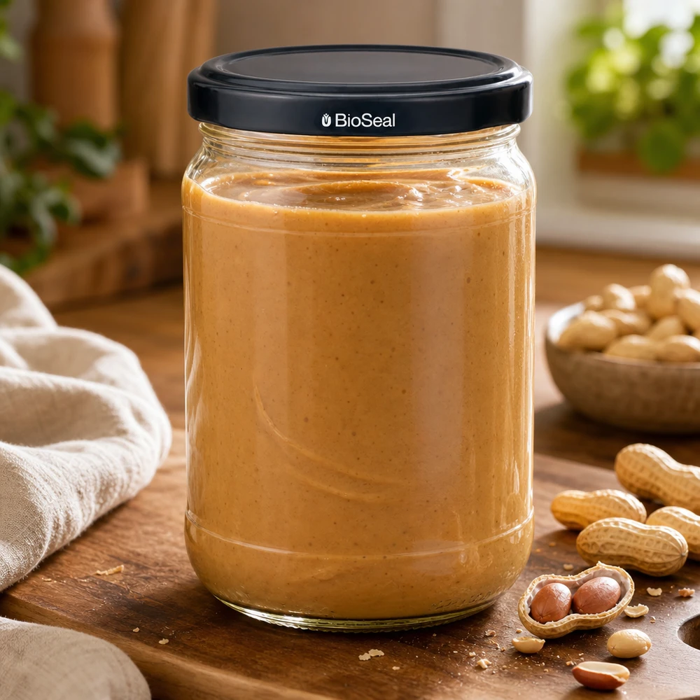 Kulatá nádoba o objemu 305 ml + víčko BioSeal černé UNiTWIST. UNiTWIST Runda305 Glas mit Erdnussbutter gefüllt und schwarzem BioSeal Deckel umgeben von Erdnüssen auf Holzuntergrund