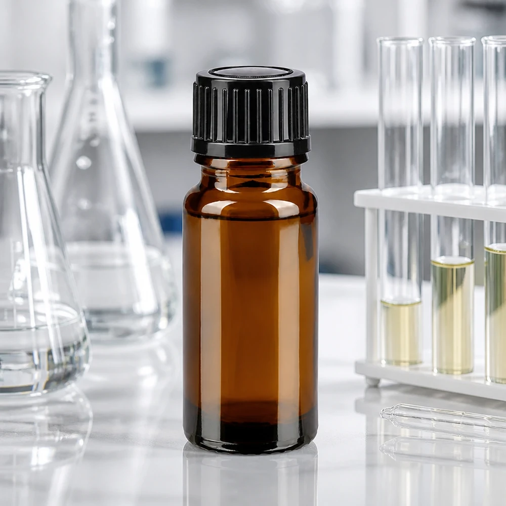UV-schützende braune Apothekerflasche 10ml mit schwarzem Verschluss neben wissenschaftlichem Laborequipment