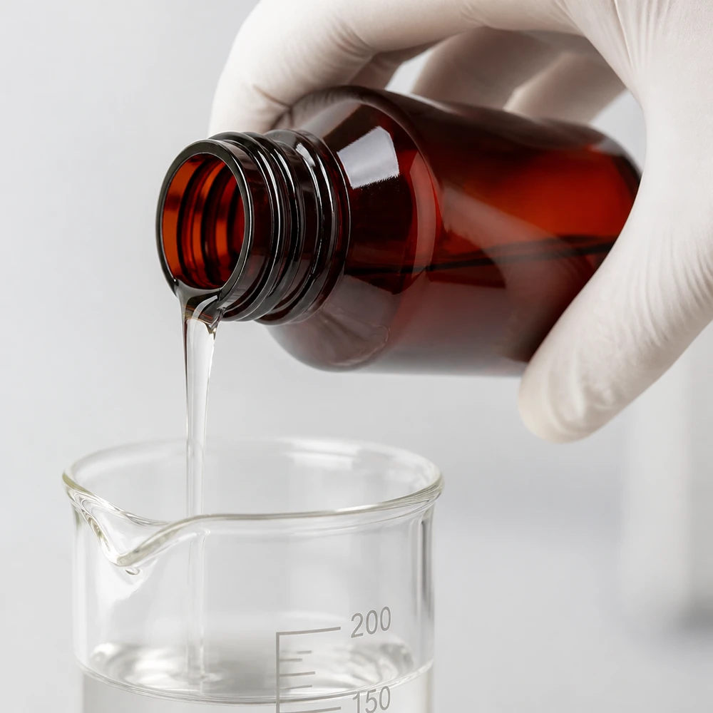 Jantarově zbarvená PET láhev o objemu 50 ml s bílým vnějším obalem se nalévá do skleněné nádoby