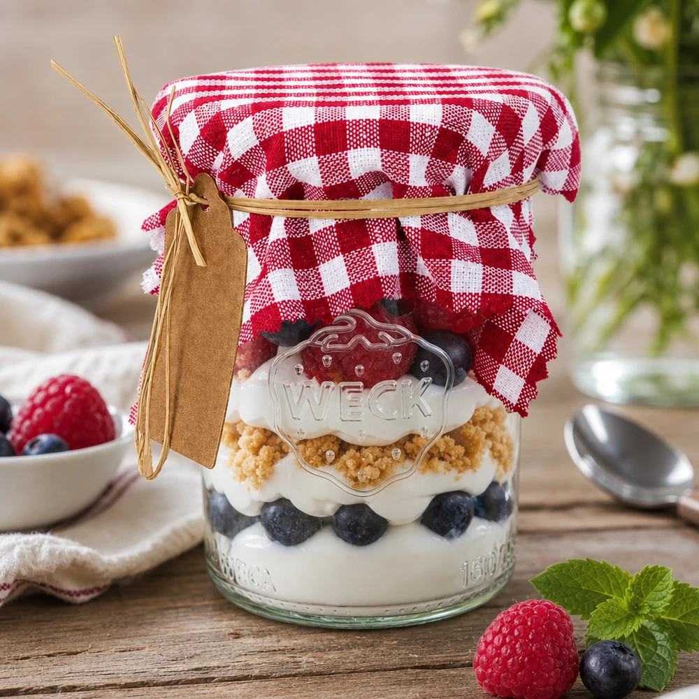 Látkový kryt na šperky bordó kostkovaný 12cm čtvercový Bordeaux-kariertes Schmuckdeckchen 12cm eckig auf Marmeladenglas mit Beeren-Dessert und dekorativem Anhänger
