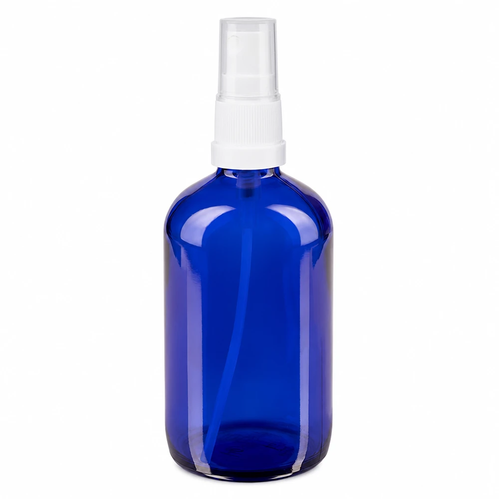 Leere 100ml blaue Glassprayflasche mit Pumpzerstäuber für Kosmetik Parfum und Naturheilkunde