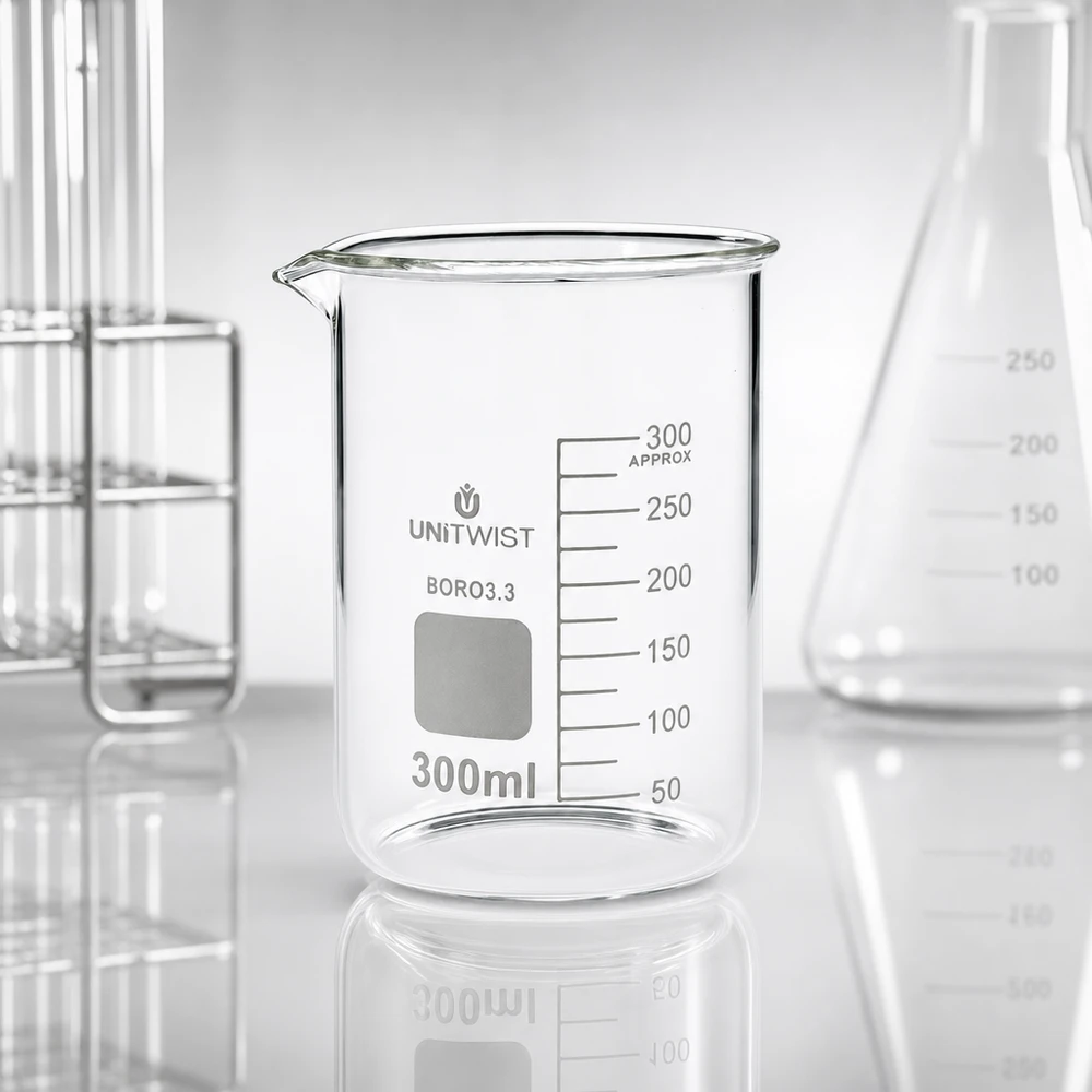 Kádinka 300 ml borosilikátová, nízká forma UNiTWIST Becherglas 300ml Borosilikat UNiTWIST mit Beschriftungsfeld und Erlenmeyerkolben im Set