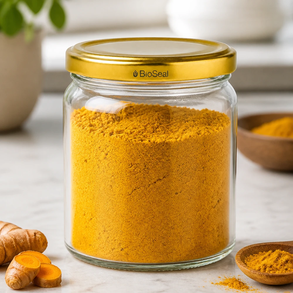 Kulatá nádoba o objemu 408 ml se zlatým víkem UNiTWIST BioSeal. UNiTWIS Runda408 Vorratsglas mit goldenem TO82 Deckel gefüllt mit Kurkumapulver neben frischen Kurkumawurzeln