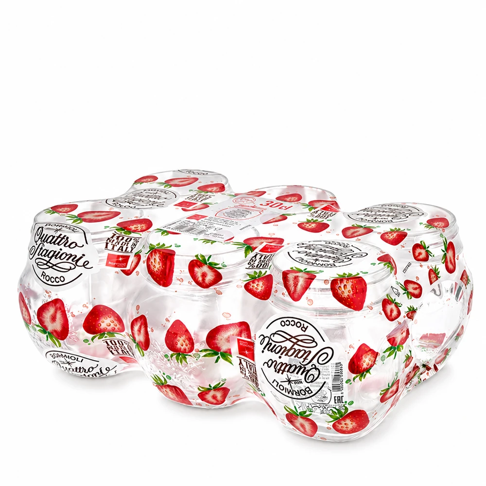 300ml kulatá sklenice "Quattro Stagioni" s víčkem 300ml Rundglas Quattro Stagioni mit Erdbeer-Deckel Einmachglas Set italienische Glaskonserven