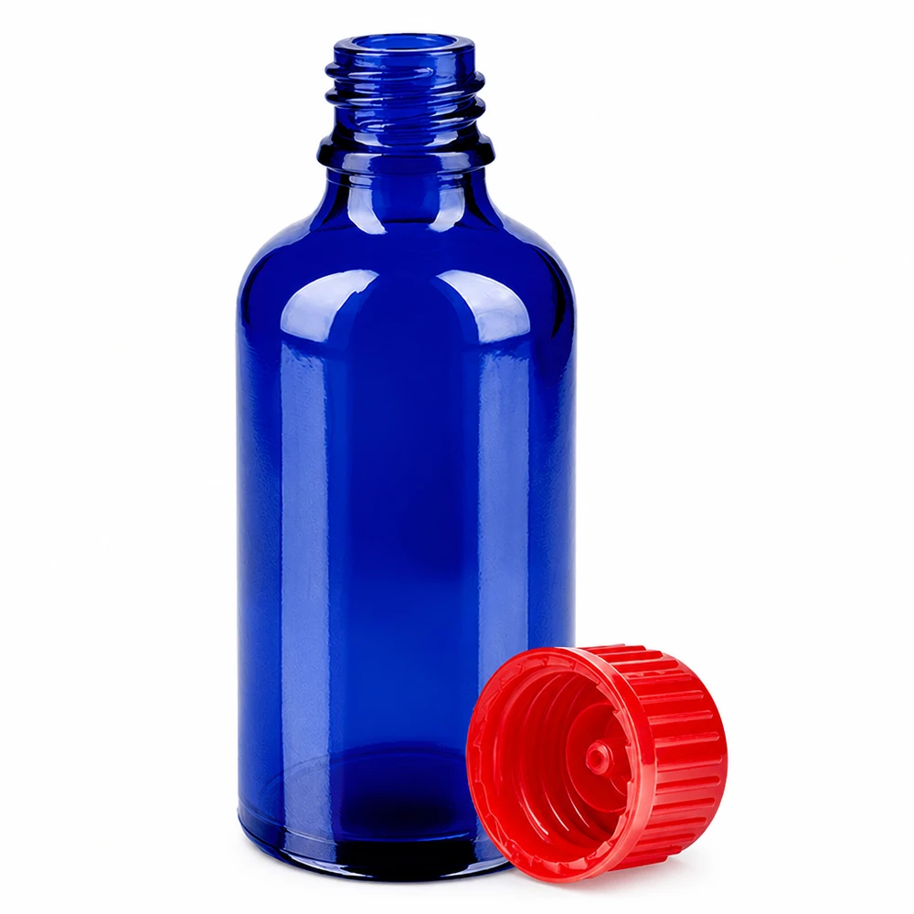 50ml láhev se šroubovacím uzávěrem 11 mm červená Standard BlueLine UT18/50 Apothekerflasche 50ml in tiefblauem Glas mit rotem Deckel zum Schutz lichtempfindlicher Substanzen
