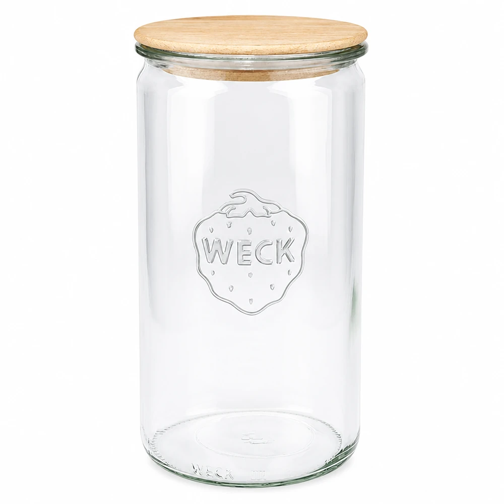 1590ml válcová sklenice WECK RR100 s dřevěným víkem buk. WECK Zylinderglas 1590ml mit Holzdeckel RR100 Einmachglas Vorratsglas transparent leer