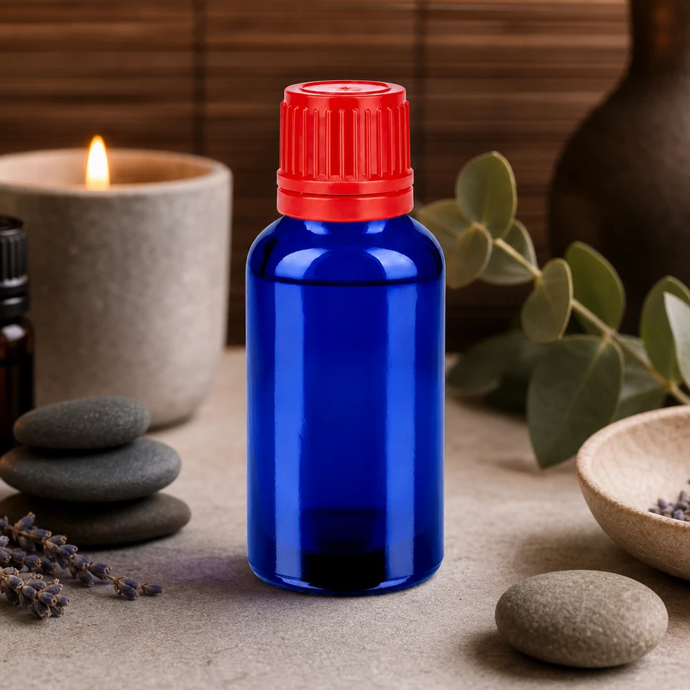 30ml láhev 11mm šroubovací uzávěr červený uzávěr s ochranou proti manipulaci BlueLine UT18/30 30ml Laborflasche UT18/30 Standard mit rotem OV Verschluss für professionelle Anwendungen