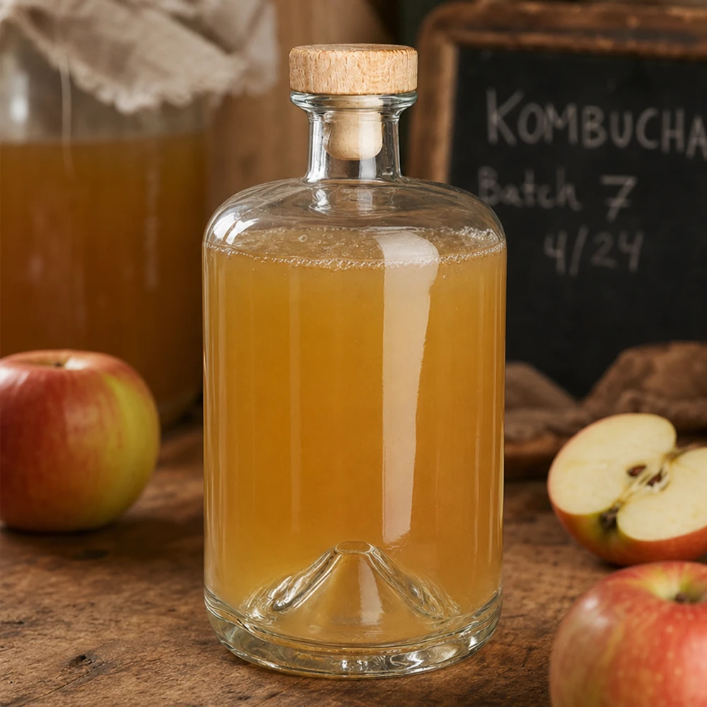 700ml Glasflasche Sofia mit Holzkorken gefüllt mit Apfelsaft neben frischen Äpfeln und Kombucha Tafel
