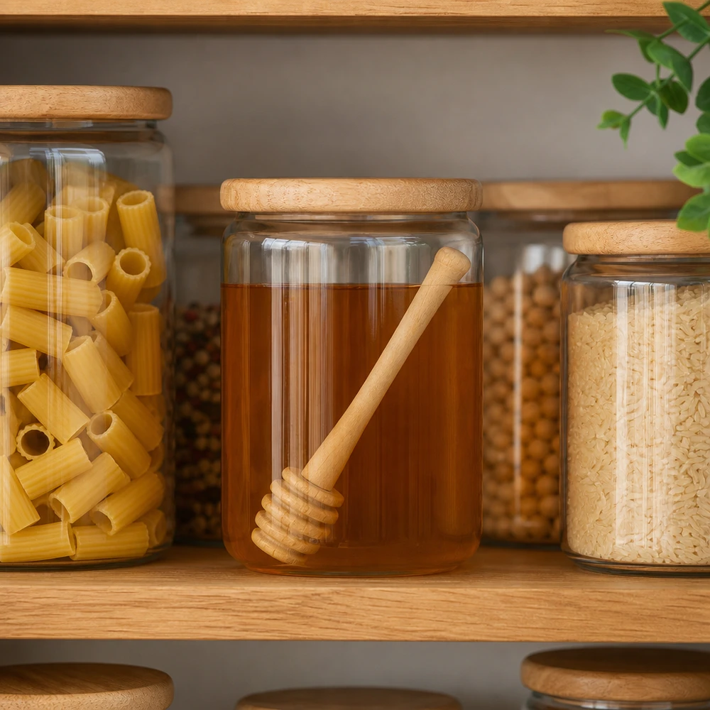 Honiglöffel aus Ahornholz in Vorratsjar zwischen Pasta und Reis zeigt vielseitige Küchenorganisation