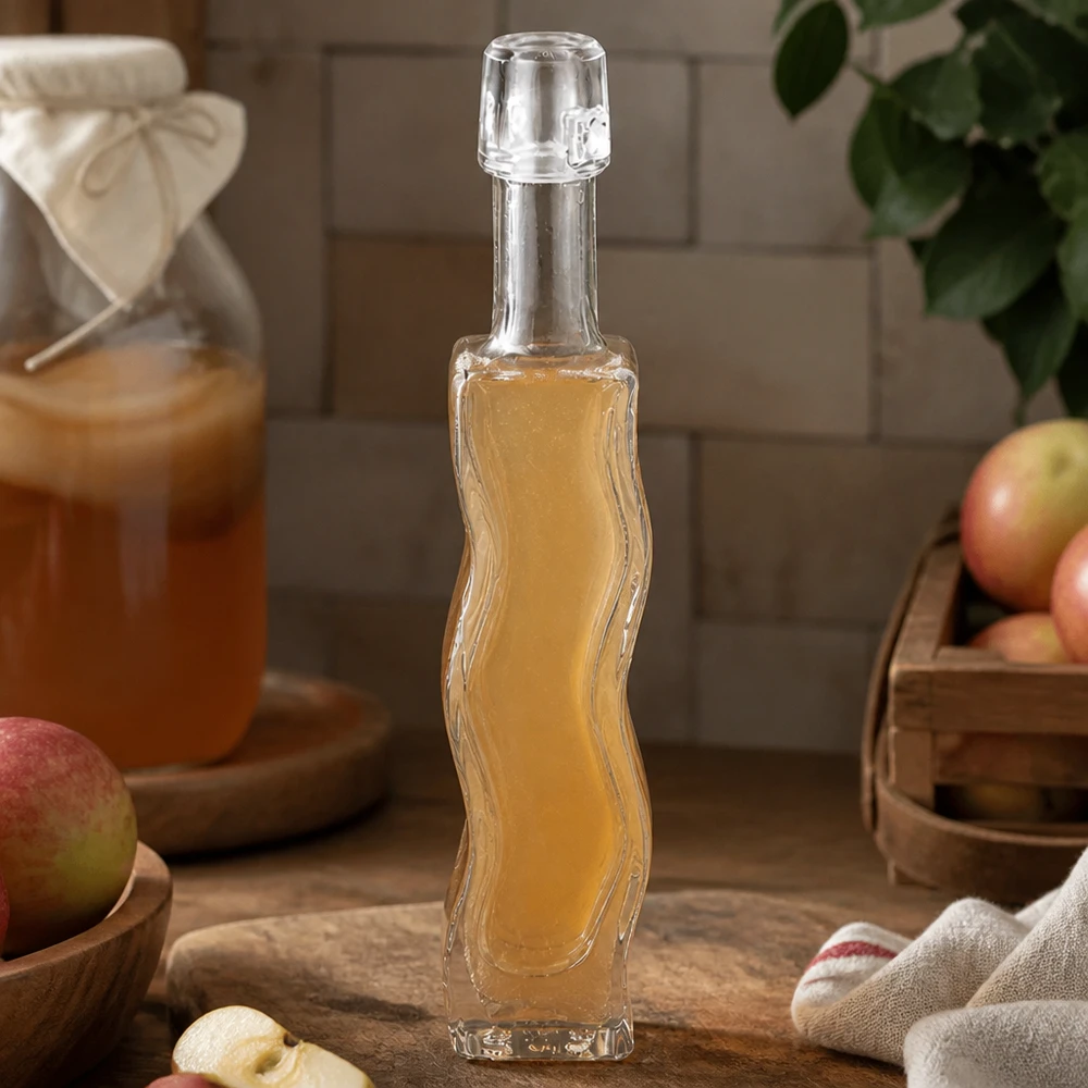 40ml Glasflasche Anna mit Apfelessig befüllt rustikale Küche Holzbrett frische Äpfel natürliche Zutaten Vinaigrette