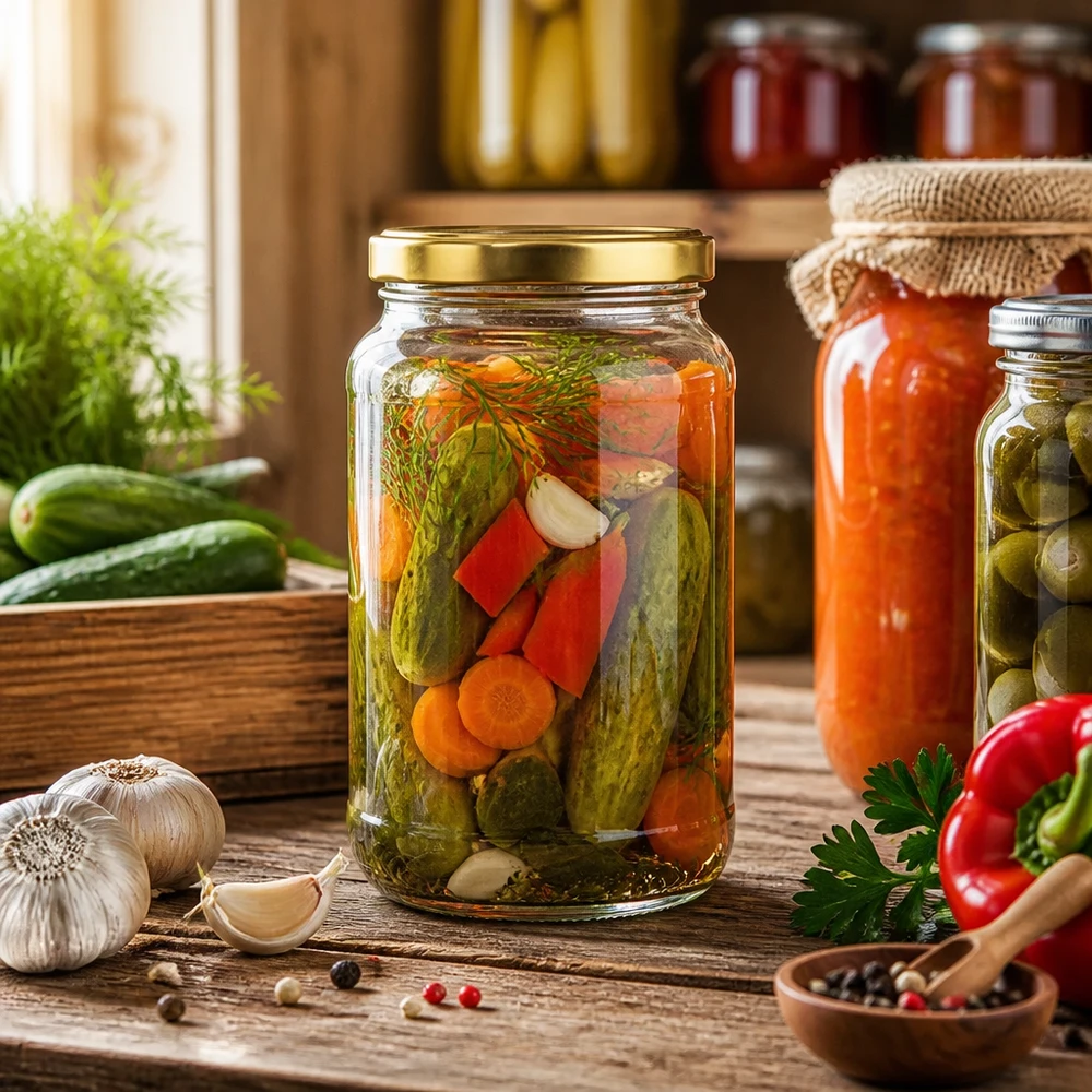 1700ml kulatá sklenice s víčkem BasicSeal zlatá UNiTWIST 1700ml Rundglas BasicSeal gold beim Einkochen von Gemüse - Einmachglas für Gurken Paprika und Mixed Pickles