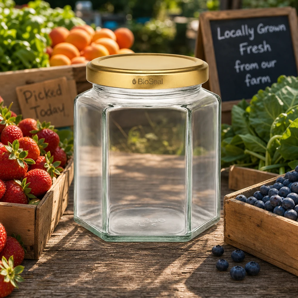 UNiTWIST Hexa390 leeres Glasgefäß mit goldenem BioSeal Deckel auf Bauernmarkt zwischen frischen Früchten und Gemüse
