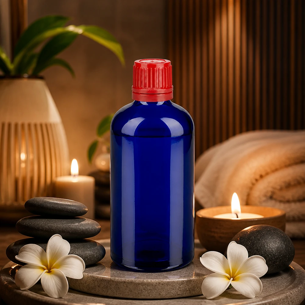 100ml láhev 11mm šroubovací uzávěr červený s pojistkou proti manipulaci BlueLine UT18/100 Kompakte Glasflasche 100ml BlueLine Serie mit rotem Kindersicherheitsverschluss UT18/100
