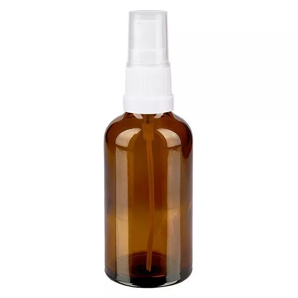 Lékárenská lahvička hnědá 50ml rozprašovací uzávěr bílý