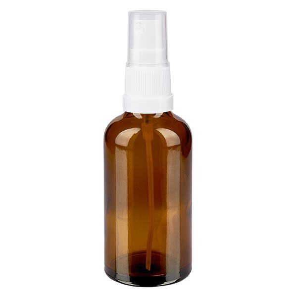 Lékárenská lahvička hnědá 50ml rozprašovací uzávěr bílý Lékárenská lahvička hnědá 50ml rozprašovací uzávěr bílý