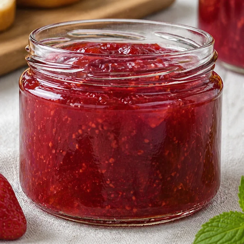 Kulatá sklenice o objemu 330 ml bez víčka (TO82) UNiTWIST UNiTWIST Runda330 Rundglas gefüllt mit roter Erdbeermarmelade Konfitüre hausgemacht selbstgemacht Einkochen