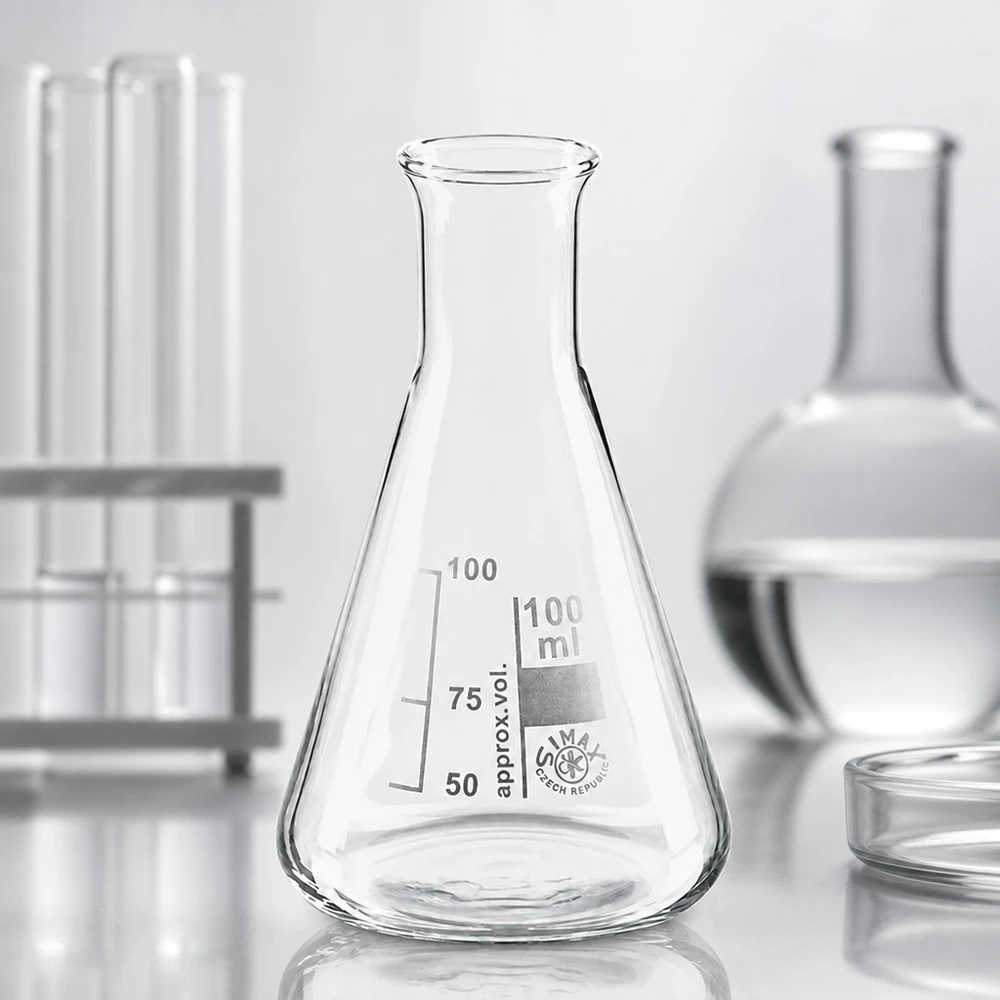 Erlenmeyerova baňka 100 ml s úzkým hrdlem Erlenmeyerkolben 100ml Enghals mit matter Beschriftung für dauerhafte Kennzeichnung im Labor