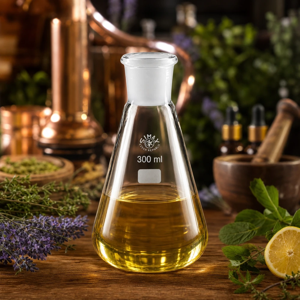 Erlenmeyerova baňka 300ml se standardním broušeným spojem (29/32) Erlenmeyerkolben 300ml für ätherische Öle mit dichtem Verschluss und Laborstandard
