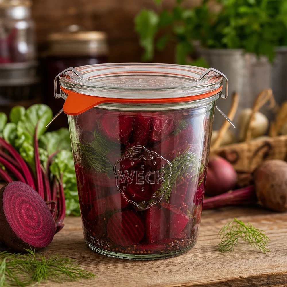 290ml vysoká skleněná nádoba kompletní WECK RR80 WECK Einmachglas 290ml RR80 gefüllt mit eingelegten Rote Bete Scheiben und frischem Dill in rustikaler Küche
