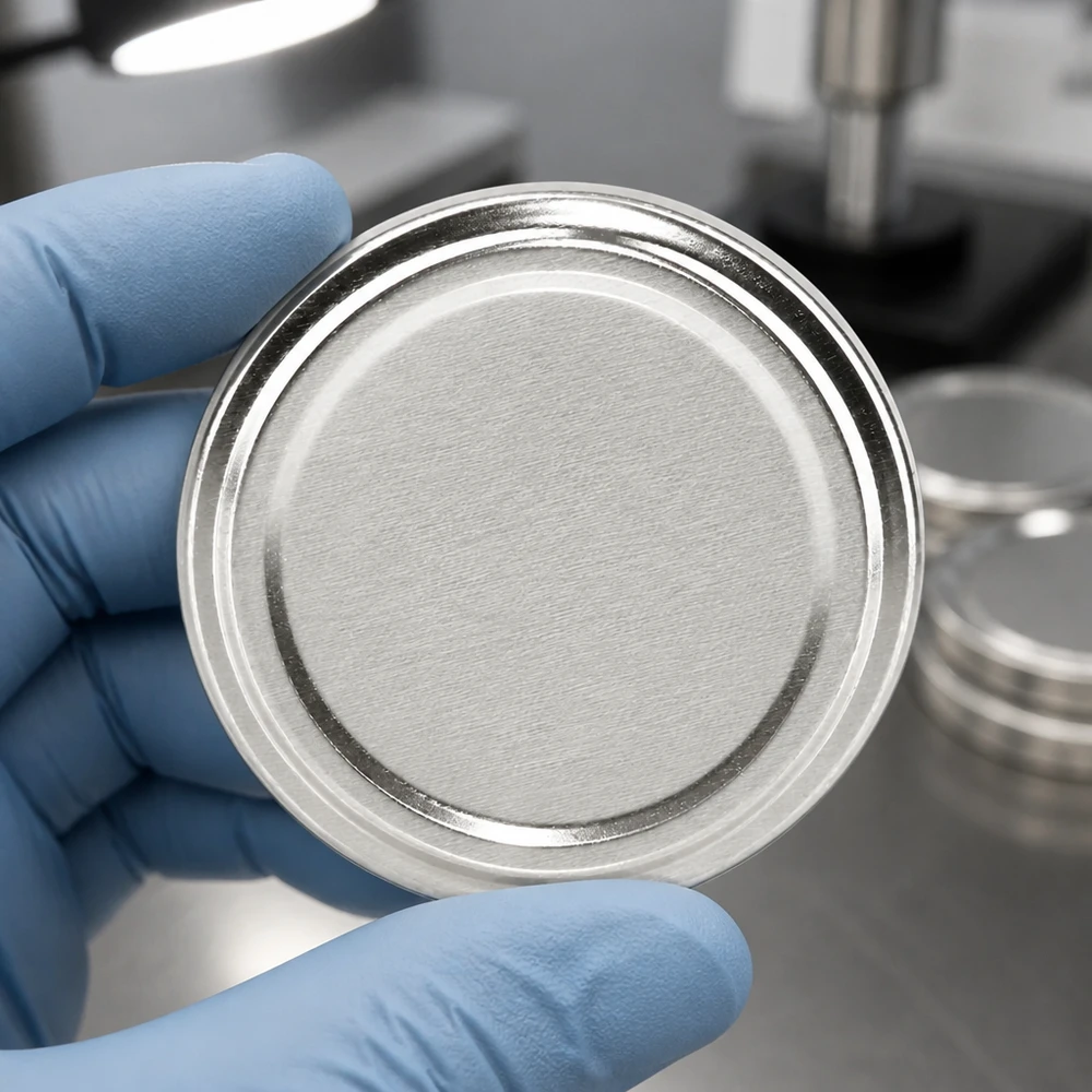 100mm víko BasicSeal stříbrné matné (TO100) UNiTWIST 100mm víčko BasicSeal, matně stříbrné, TO100, v ruce s modrými rukavicemi v laboratorním prostředí
