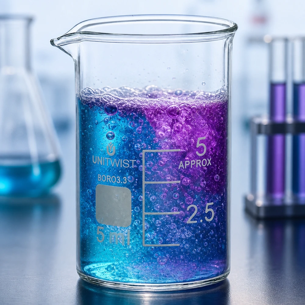 Kádinka 5ml borosilikátová, nízký tvar UNiTWIST Becherglas niedrige Form 5ml mit lebhafter Farbreaktion in blau und violett von UNiTWIST