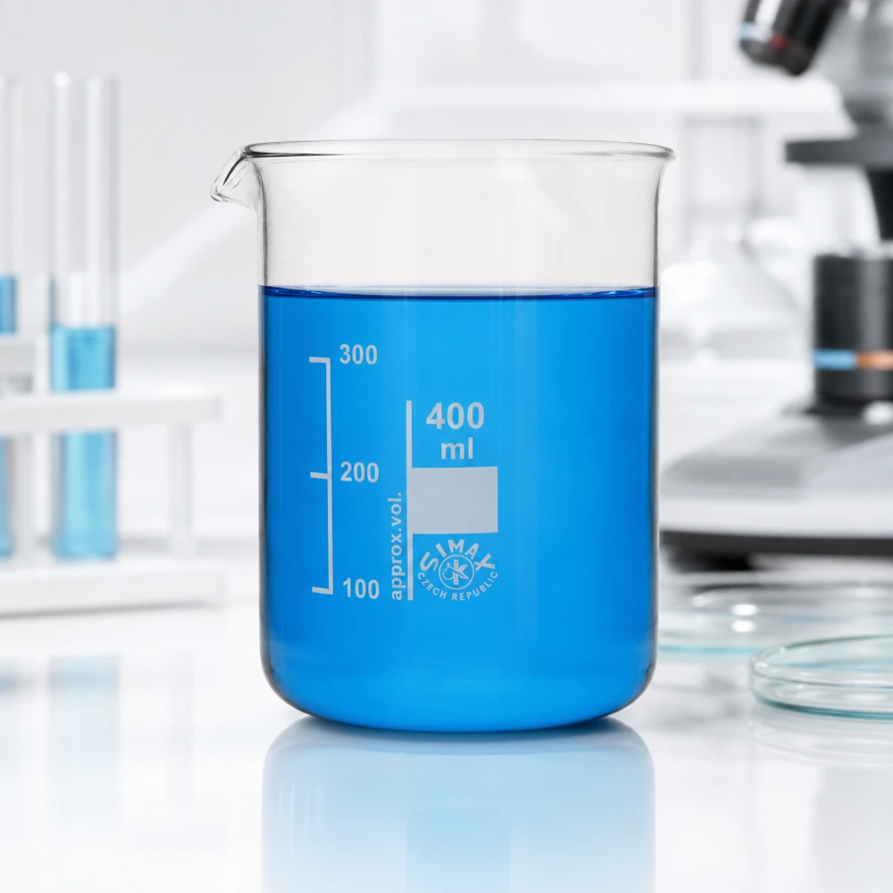 Kádinka 400ml z borosilikátového skla, nízký tvar Wissenschaftliches Becherglas 400ml mit Milliliter-Markierung aus temperaturbeständigem Glas