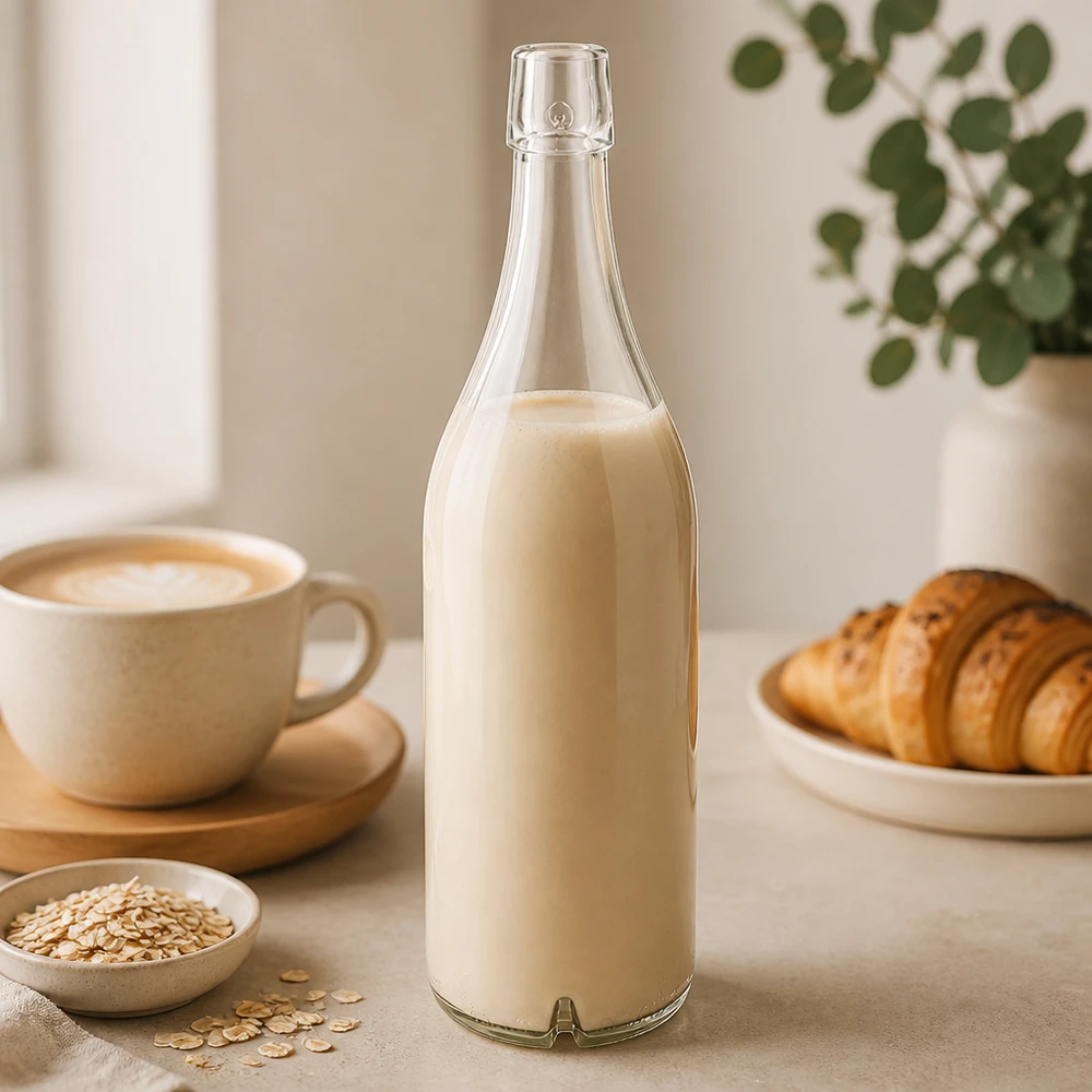 Glasflasche 1000ml UNiTWIST mit Hafermilch gefüllt Frühstückstisch Croissant Kaffee helle Küche pflanzlich
