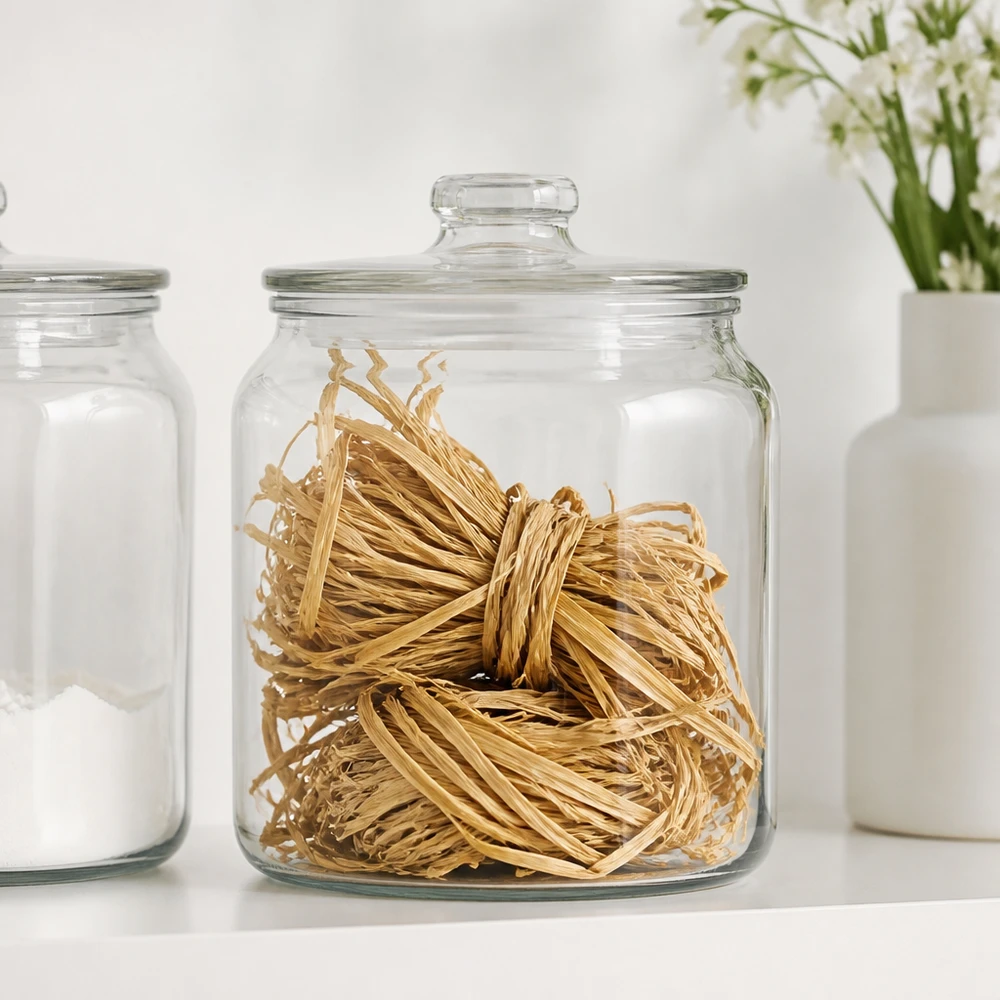 Naturbast 30g in Glasdose mit Deckel aufbewahrt neben weißen Vorratsgläsern für ordentliche Bastelmaterial-Organisation
