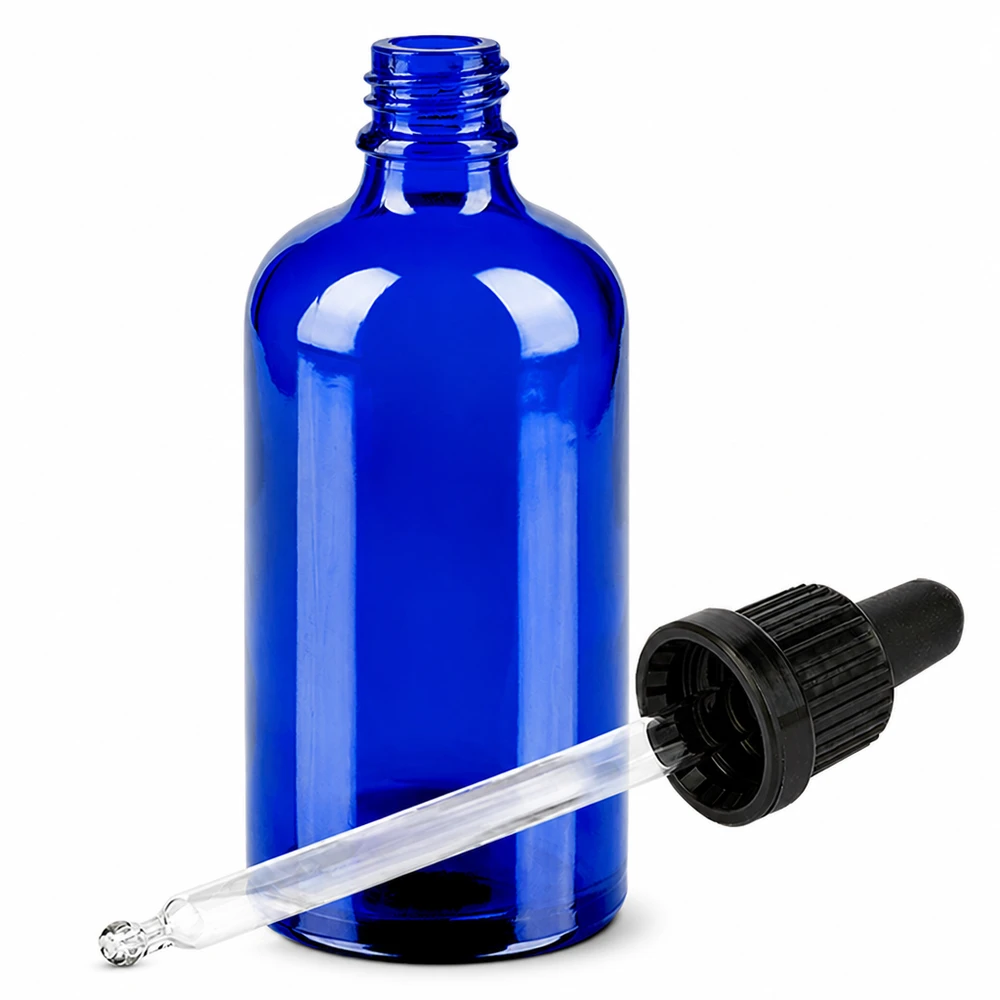 100ml pipetovací láhev černá s uzávěrem proti neoprávněné manipulaci BlueLine UT18/100 Aromatherapie Flasche 100ml dunkelblau aus Glas mit präzisem Pipettenverschluss