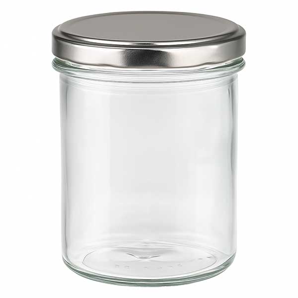 350ml kelímky s víčkem BasicSeal stříbrné UNiTWIST 350ml Sturzglas mit silbernem BasicSeal Deckel leer auf weißem Hintergrund transparent Einmachglas Vorratsglas