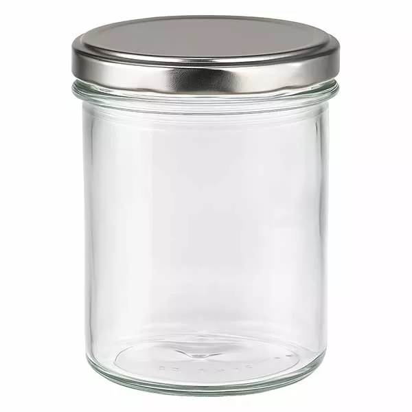 350ml kelímky s víčkem BasicSeal stříbrné UNiTWIST 350ml Sturzglas mit silbernem BasicSeal Deckel leer auf weißem Hintergrund transparent Einmachglas Vorratsglas
