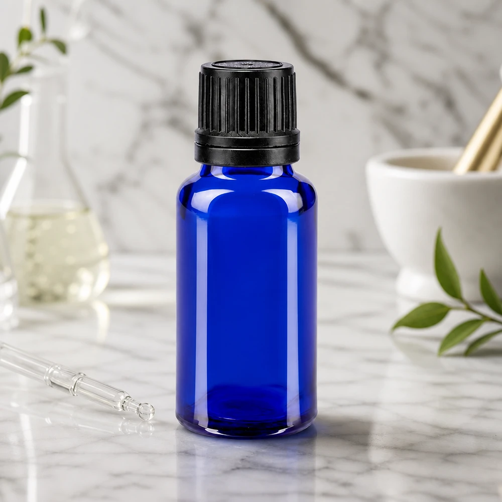Lékárenská lahvička modrá 20ml kapátko bílé 0,8mm standardní Blaue 20ml ApoGlas Flasche mit Glaspipette für ätherische Öle und Naturkosmetik