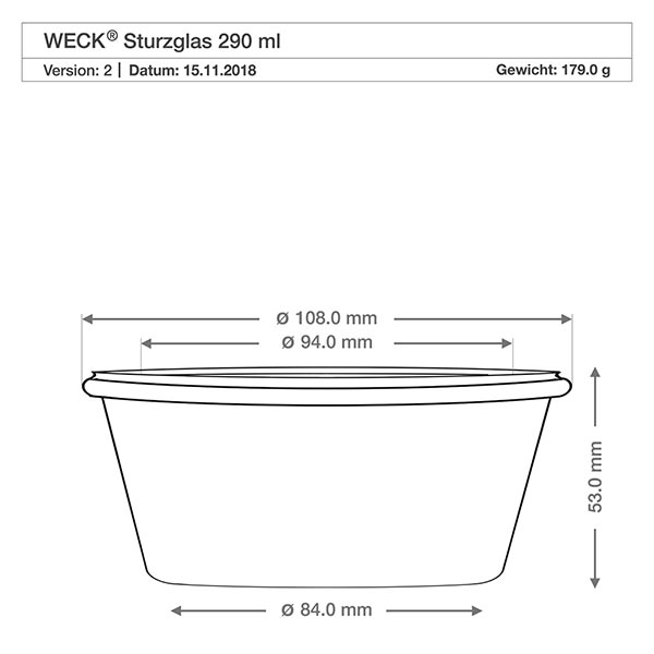290ml nízká zavařovací sklenice WECK RR100 se skleněným víčkem - dřevěné víčko. Technische Zeichnung WECK Sturzglas 290ml RR100 mit Maßangaben, Durchmesser 108mm, Höhe 53mm, Gewicht 179g