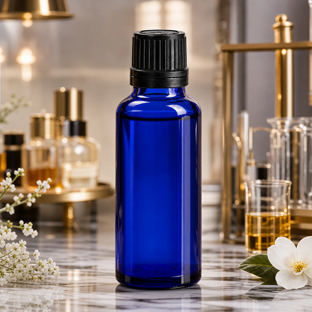 30ml blaue Abfüllflasche mit schwarzem 8mm OV-Verschluss für Kosmetik und Aromatherapie