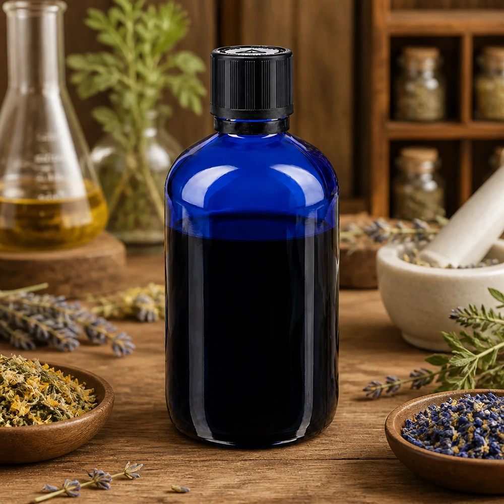 Blaues Medizinglas 100ml mit 1mm Tropföffnung kindersicherem Verschluss für Heilkräuteranwendungen